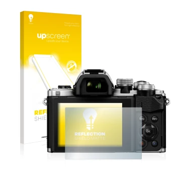 Vorderseite einer Produktverpackung mit dem Markenlogo upscreen. Daneben ist das Gerät Olympus OM-D E-M10 Mark II mit dem zuge