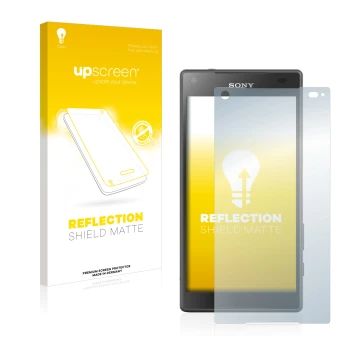 Vorderseite einer Produktverpackung mit dem Markenlogo upscreen. Daneben ist das Gerät Sony Xperia Z5 Compact mit dem zugehöri