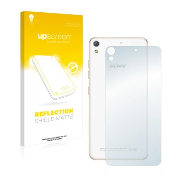 Vorderseite einer Produktverpackung mit dem Markenlogo upscreen. Daneben ist das Gerät Gionee Elife S5.1 Pro (Rückseite) mit d