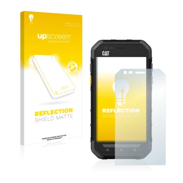 Vorderseite einer Produktverpackung mit dem Markenlogo upscreen. Daneben ist das Gerät Caterpillar Cat S30 mit dem zugehörigen