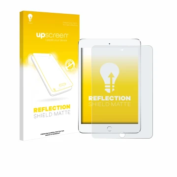 Vorderseite einer Produktverpackung mit dem Markenlogo upscreen. Daneben ist das Gerät Apple iPad Mini 4 2015 mit dem zugehöri