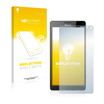 Vorderseite einer Produktverpackung mit dem Markenlogo upscreen. Daneben ist das Gerät Microsoft Lumia 950 XL mit dem zugehöri