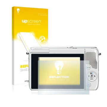 Vorderseite einer Produktverpackung mit dem Markenlogo upscreen. Daneben ist das Gerät Canon EOS M10 mit dem zugehörigen Displ