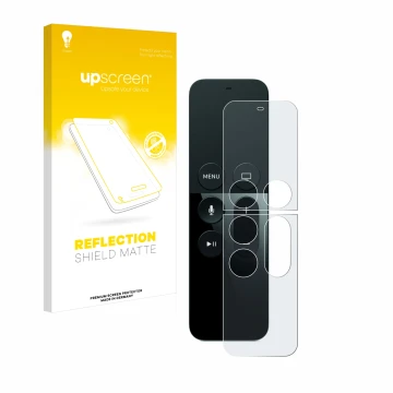 Vorderseite einer Produktverpackung mit dem Markenlogo upscreen. Daneben ist das Gerät Apple Remote Control Apple TV 4 mit dem