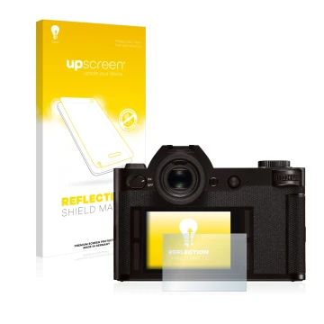 Vorderseite einer Produktverpackung mit dem Markenlogo upscreen. Daneben ist das Gerät Leica SL (Typ 601) mit dem zugehörigen 