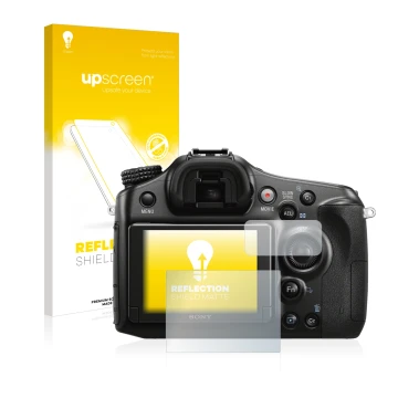 Vorderseite einer Produktverpackung mit dem Markenlogo upscreen. Daneben ist das Gerät Sony Alpha 68 mit dem zugehörigen Displ