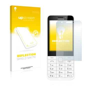 Vorderseite einer Produktverpackung mit dem Markenlogo upscreen. Daneben ist das Gerät Nokia 230 mit dem zugehörigen Displaysc