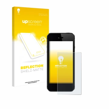Vorderseite einer Produktverpackung mit dem Markenlogo upscreen. Daneben ist das Gerät mit dem zugehörigen Displayschutz abgeb
