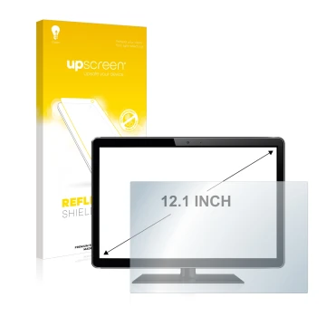 Vorderseite einer Produktverpackung mit dem Markenlogo upscreen. Daneben ist das Gerät mit dem zugehörigen Displayschutz abgeb