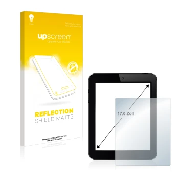 Vorderseite einer Produktverpackung mit dem Markenlogo upscreen. Daneben ist das Gerät mit dem zugehörigen Displayschutz abgeb