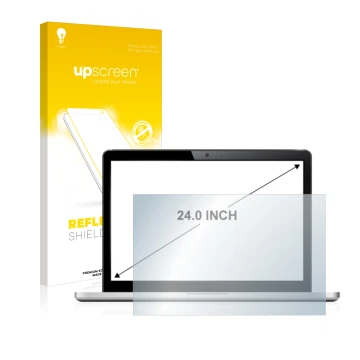 Vorderseite einer Produktverpackung mit dem Markenlogo upscreen. Daneben ist das Gerät mit dem zugehörigen Displayschutz abgeb