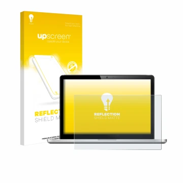 Vorderseite einer Produktverpackung mit dem Markenlogo upscreen. Daneben ist das Gerät mit dem zugehörigen Displayschutz abgeb