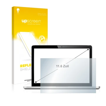 Vorderseite einer Produktverpackung mit dem Markenlogo upscreen. Daneben ist das Gerät mit dem zugehörigen Displayschutz abgeb