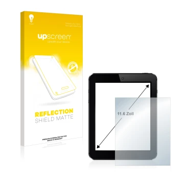 Vorderseite einer Produktverpackung mit dem Markenlogo upscreen. Daneben ist das Gerät mit dem zugehörigen Displayschutz abgeb