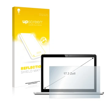 Vorderseite einer Produktverpackung mit dem Markenlogo upscreen. Daneben ist das Gerät mit dem zugehörigen Displayschutz abgeb