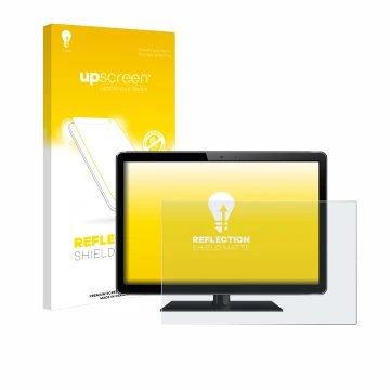 Vorderseite einer Produktverpackung mit dem Markenlogo upscreen. Daneben ist das Gerät mit dem zugehörigen Displayschutz abgeb