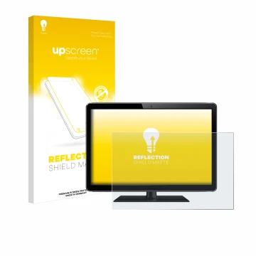 Vorderseite einer Produktverpackung mit dem Markenlogo upscreen. Daneben ist das Gerät mit dem zugehörigen Displayschutz abgeb