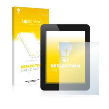 Vorderseite einer Produktverpackung mit dem Markenlogo upscreen. Daneben ist das Gerät mit dem zugehörigen Displayschutz abgeb