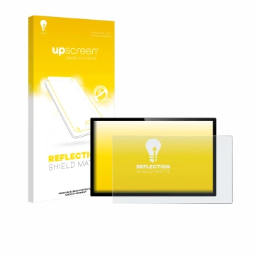 Vorderseite einer Produktverpackung mit dem Markenlogo upscreen. Daneben ist das Gerät mit dem zugehörigen Displayschutz abgeb