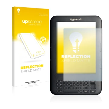 Vorderseite einer Produktverpackung mit dem Markenlogo upscreen. Daneben ist das Gerät Amazon Kindle 3 mit dem zugehörigen Dis