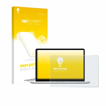 Vorderseite einer Produktverpackung mit dem Markenlogo upscreen. Daneben ist das Gerät Apple MacBook Pro Retina 15