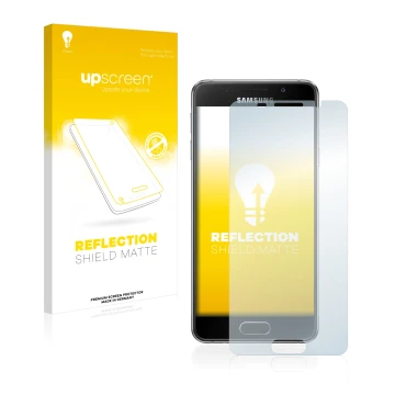 Vorderseite einer Produktverpackung mit dem Markenlogo upscreen. Daneben ist das Gerät Samsung Galaxy A3 2016 mit dem zugehöri