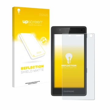 Vorderseite einer Produktverpackung mit dem Markenlogo upscreen. Daneben ist das Gerät Fairphone 2 mit dem zugehörigen Display