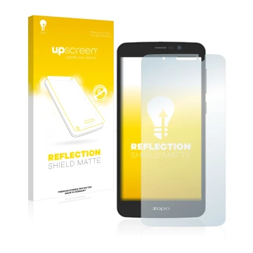 Vorderseite einer Produktverpackung mit dem Markenlogo upscreen. Daneben ist das Gerät Zopo Color E5.5 mit dem zugehörigen Dis