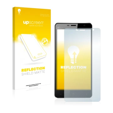 Vorderseite einer Produktverpackung mit dem Markenlogo upscreen. Daneben ist das Gerät Leagoo Elite 4 mit dem zugehörigen Disp