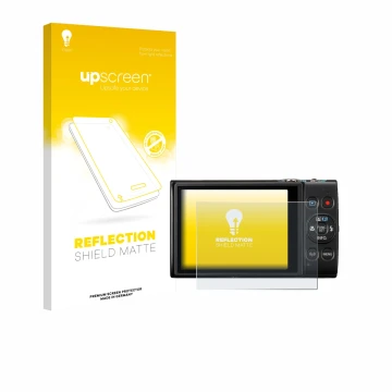 Vorderseite einer Produktverpackung mit dem Markenlogo upscreen. Daneben ist das Gerät Canon Digital Ixus 285 hs mit dem zugeh