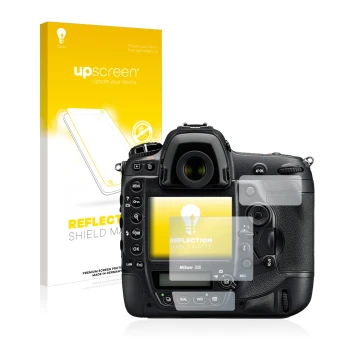 Vorderseite einer Produktverpackung mit dem Markenlogo upscreen. Daneben ist das Gerät Nikon D5 mit dem zugehörigen Displaysch