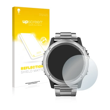 Vorderseite einer Produktverpackung mit dem Markenlogo upscreen. Daneben ist das Gerät Garmin Fenix 3 Saphir mit dem zugehörig