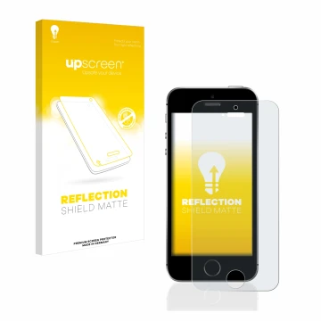 Vorderseite einer Produktverpackung mit dem Markenlogo upscreen. Daneben ist das Gerät Apple iPhone SE 2016 mit dem zugehörige