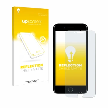 Vorderseite einer Produktverpackung mit dem Markenlogo upscreen. Daneben ist das Gerät Apple iPhone 7 Plus mit dem zugehörigen