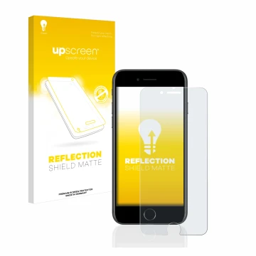 Vorderseite einer Produktverpackung mit dem Markenlogo upscreen. Daneben ist das Gerät Apple iPhone 7 mit dem zugehörigen Disp