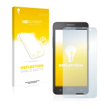 Vorderseite einer Produktverpackung mit dem Markenlogo upscreen. Daneben ist das Gerät Samsung Galaxy Grand Prime SM-G531F mit