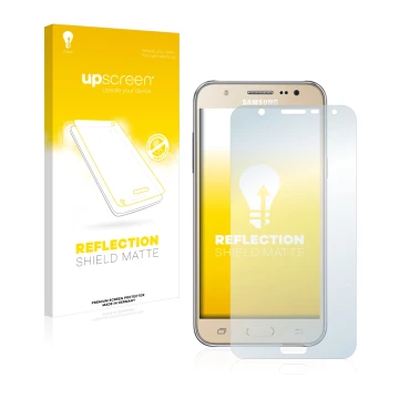 Vorderseite einer Produktverpackung mit dem Markenlogo upscreen. Daneben ist das Gerät Samsung Galaxy J7 2016 mit dem zugehöri