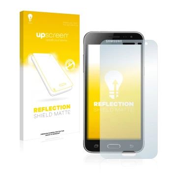 Vorderseite einer Produktverpackung mit dem Markenlogo upscreen. Daneben ist das Gerät Samsung Galaxy J3 Duos 2016 mit dem zug