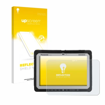 Vorderseite einer Produktverpackung mit dem Markenlogo upscreen. Daneben ist das Gerät Panasonic Toughbook CF-20 MK1 mit dem z