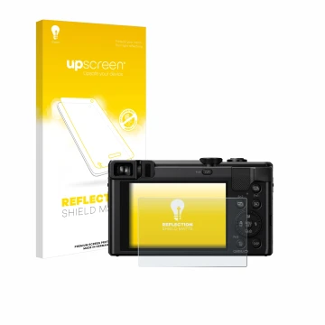 Vorderseite einer Produktverpackung mit dem Markenlogo upscreen. Daneben ist das Gerät Panasonic Lumix DMC-TZ80 mit dem zugehö