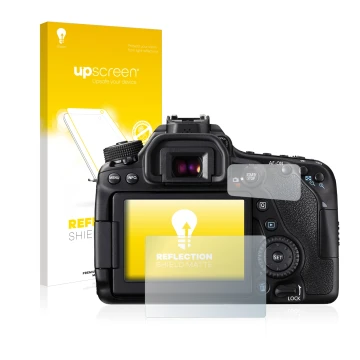 Vorderseite einer Produktverpackung mit dem Markenlogo upscreen. Daneben ist das Gerät Canon EOS 80D mit dem zugehörigen Displ