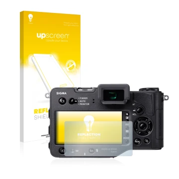 Vorderseite einer Produktverpackung mit dem Markenlogo upscreen. Daneben ist das Gerät Sigma SD Quattro H mit dem zugehörigen 