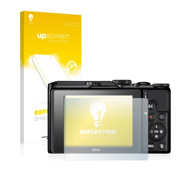 Vorderseite einer Produktverpackung mit dem Markenlogo upscreen. Daneben ist das Gerät Nikon Coolpix A900 mit dem zugehörigen 