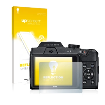 Vorderseite einer Produktverpackung mit dem Markenlogo upscreen. Daneben ist das Gerät Nikon Coolpix B500 mit dem zugehörigen 