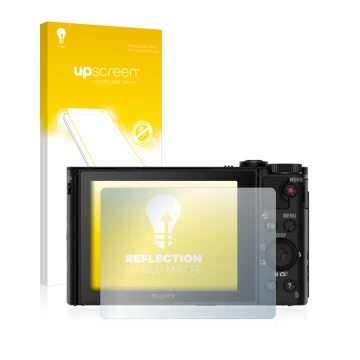 Vorderseite einer Produktverpackung mit dem Markenlogo upscreen. Daneben ist das Gerät Sony Cyber-Shot DSC-HX80 mit dem zugehö