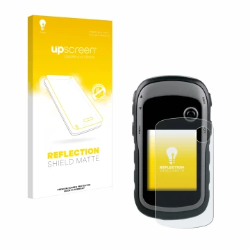 Vorderseite einer Produktverpackung mit dem Markenlogo upscreen. Daneben ist das Gerät Garmin eTrex 30x mit dem zugehörigen Di