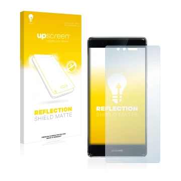 Vorderseite einer Produktverpackung mit dem Markenlogo upscreen. Daneben ist das Gerät Huawei P9 Plus mit dem zugehörigen Disp