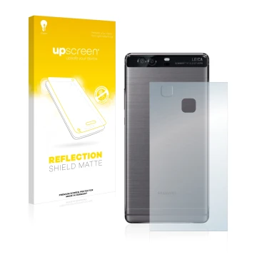 Vorderseite einer Produktverpackung mit dem Markenlogo upscreen. Daneben ist das Gerät Huawei P9 Plus (Rückseite) mit dem zuge