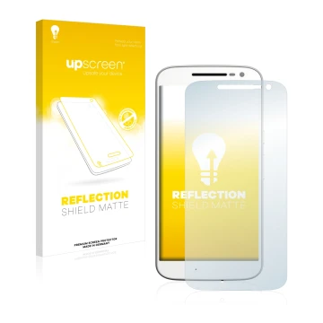 Vorderseite einer Produktverpackung mit dem Markenlogo upscreen. Daneben ist das Gerät Motorola Moto G4 mit dem zugehörigen Di