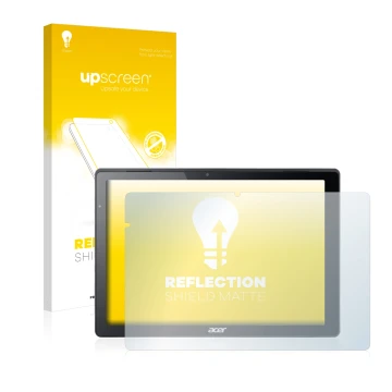 Vorderseite einer Produktverpackung mit dem Markenlogo upscreen. Daneben ist das Gerät Acer Switch Alpha 12 mit dem zugehörige